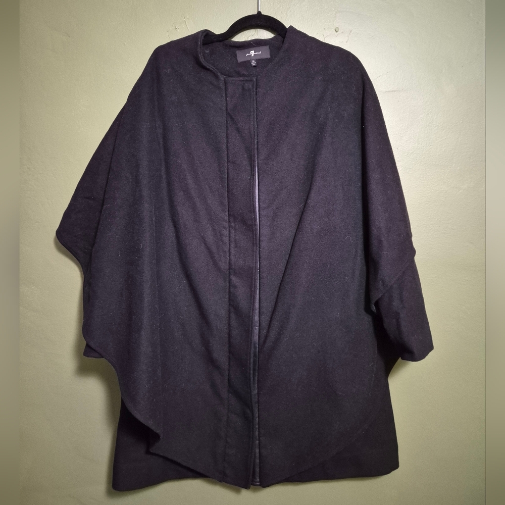 7 For All Mankind Black Wool Cape Jacket Leather Trim Size M
